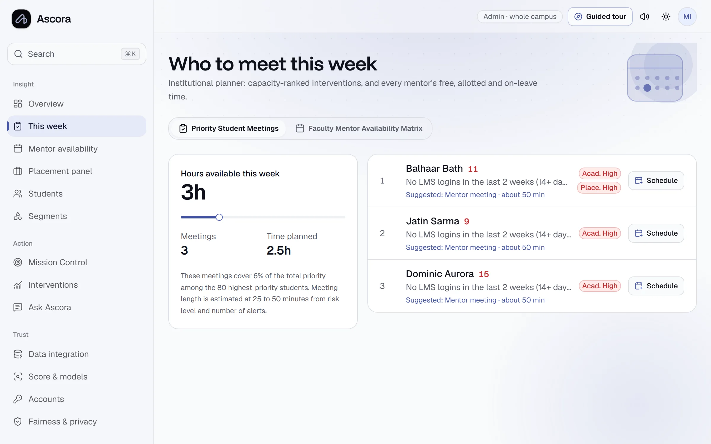 Weekly planner listing which students to meet and the suggested intervention